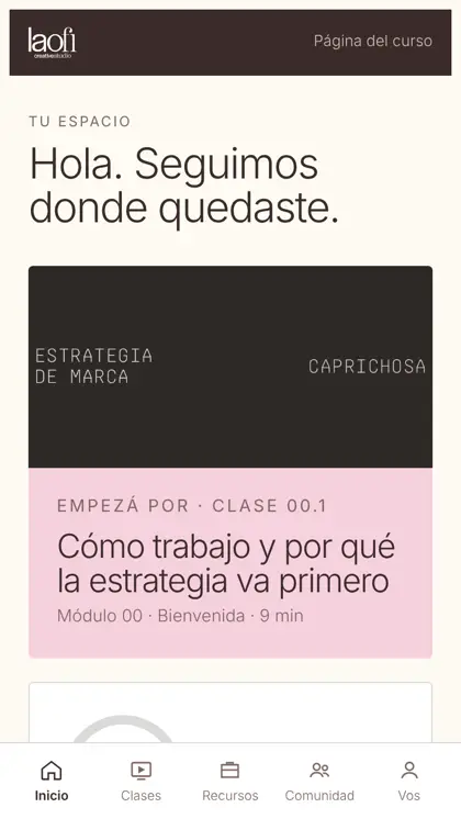 Inicio de la plataforma con el avance del curso